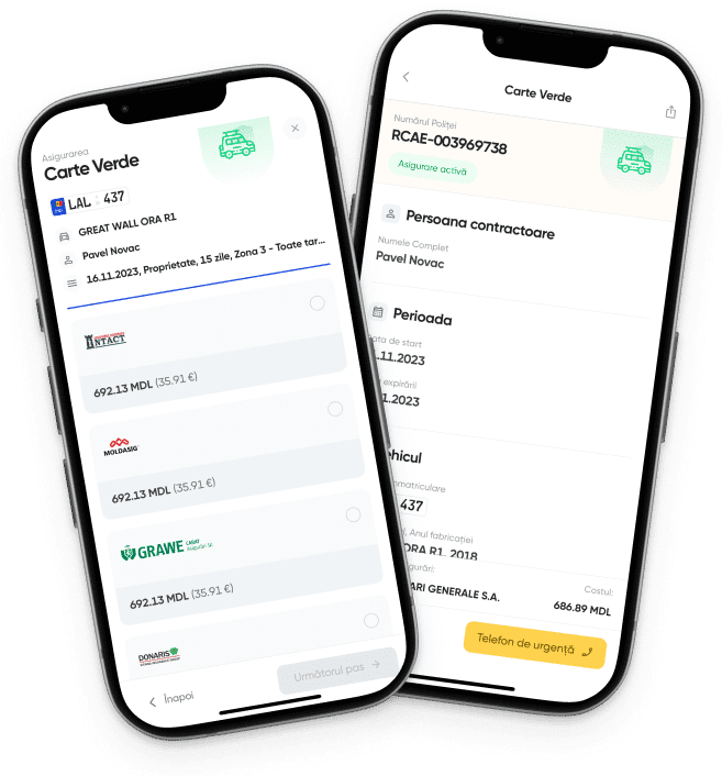 Imaginea prezintă aplicația mobilă Omnis pe două smartphone-uri, care este destinată gestionării documentelor de asigurare tip 'carte verde'. Interfața utilizatorului afișează detalii despre poliță, informații despre plată și are funcții precum un buton de contact pentru urgențe, sugerând funcționalități care permit utilizatorilor să își gestioneze nevoile de asigurare auto în mod convenabil.