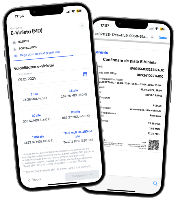 Imaginea prezintă aplicația mobilă Omnis pe două smartphone-uri, care este destinată gestionării documentelor de asigurare tip 'carte verde'. Interfața utilizatorului afișează detalii despre poliță, informații despre plată și are funcții precum un buton de contact pentru urgențe, sugerând funcționalități care permit utilizatorilor să își gestioneze nevoile de asigurare auto în mod convenabil.